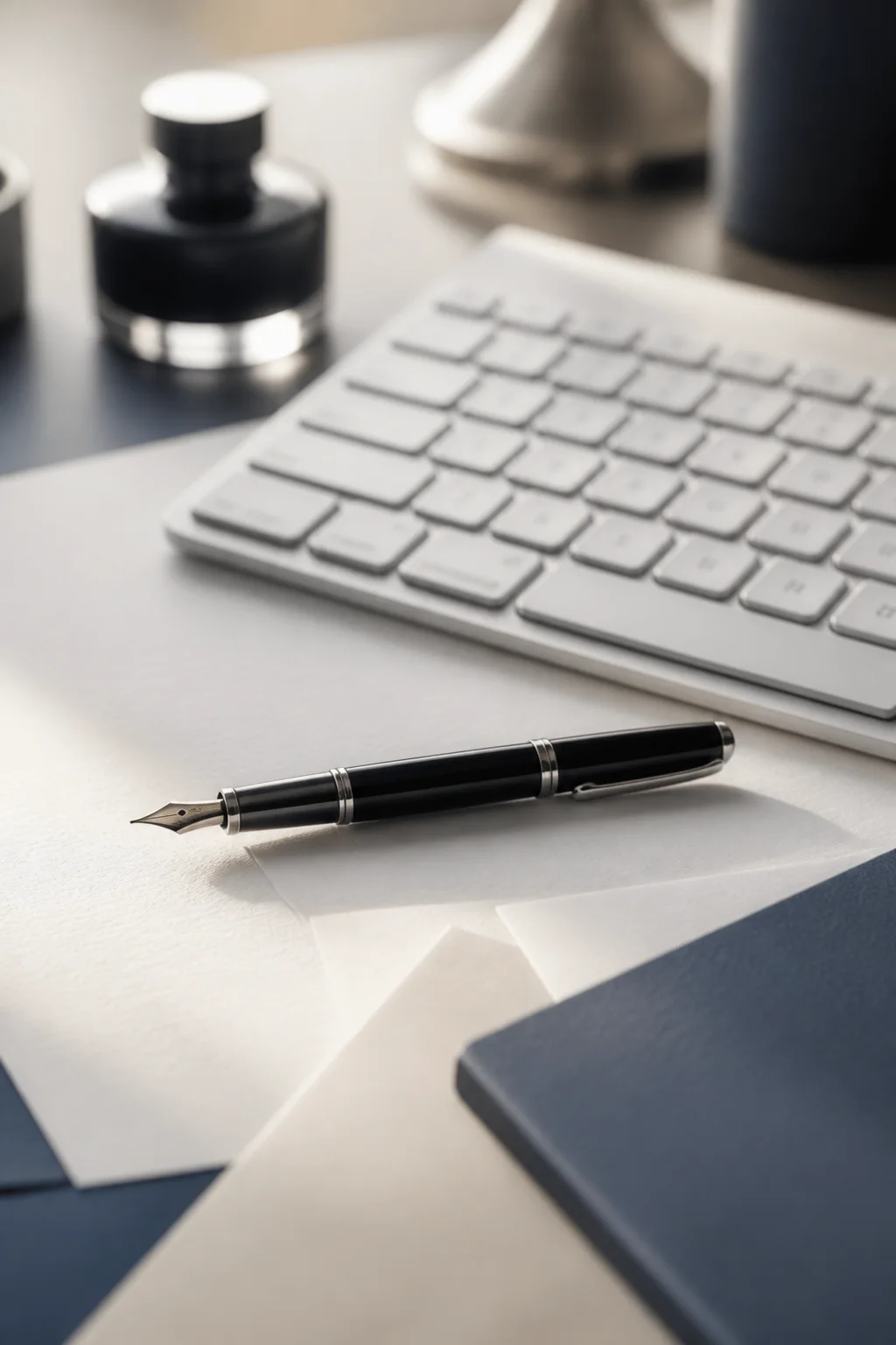 Bolígrafo sobre documentos legales junto a un teclado, como referencia a la palabra escrita